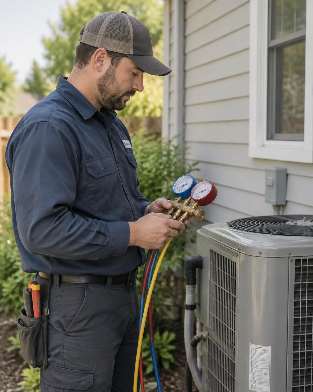 HVAC technician holding refrigerant gauges at an outdoor air conditioning condenser unit