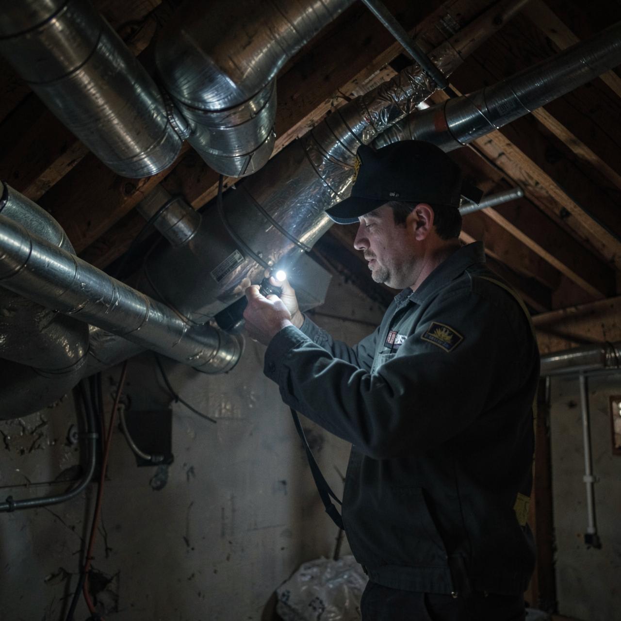 HVAC technician inspecting flexible ductwork in a residential attic