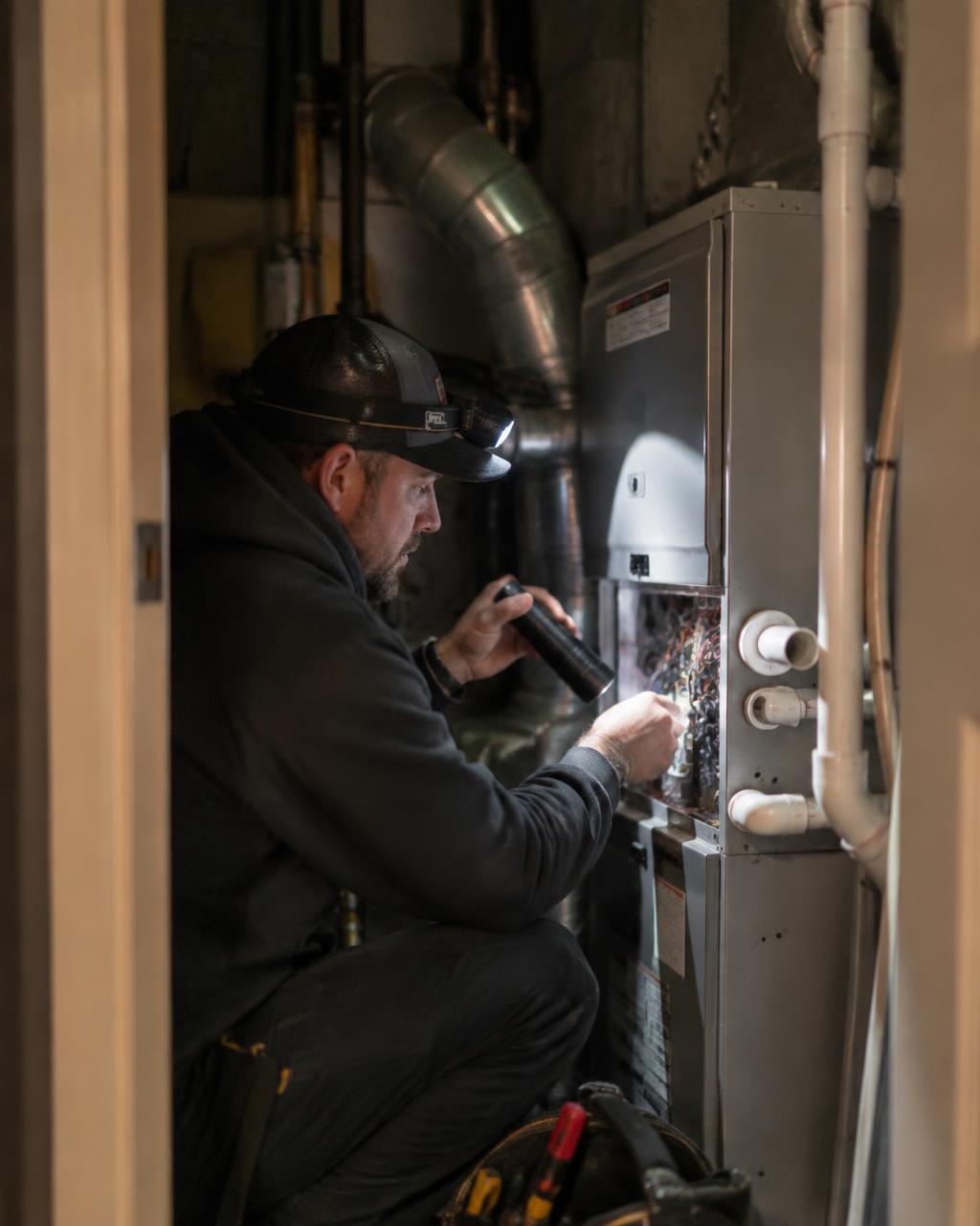 HVAC technician making an after-hours emergency repair by flashlight in a mechanical closet