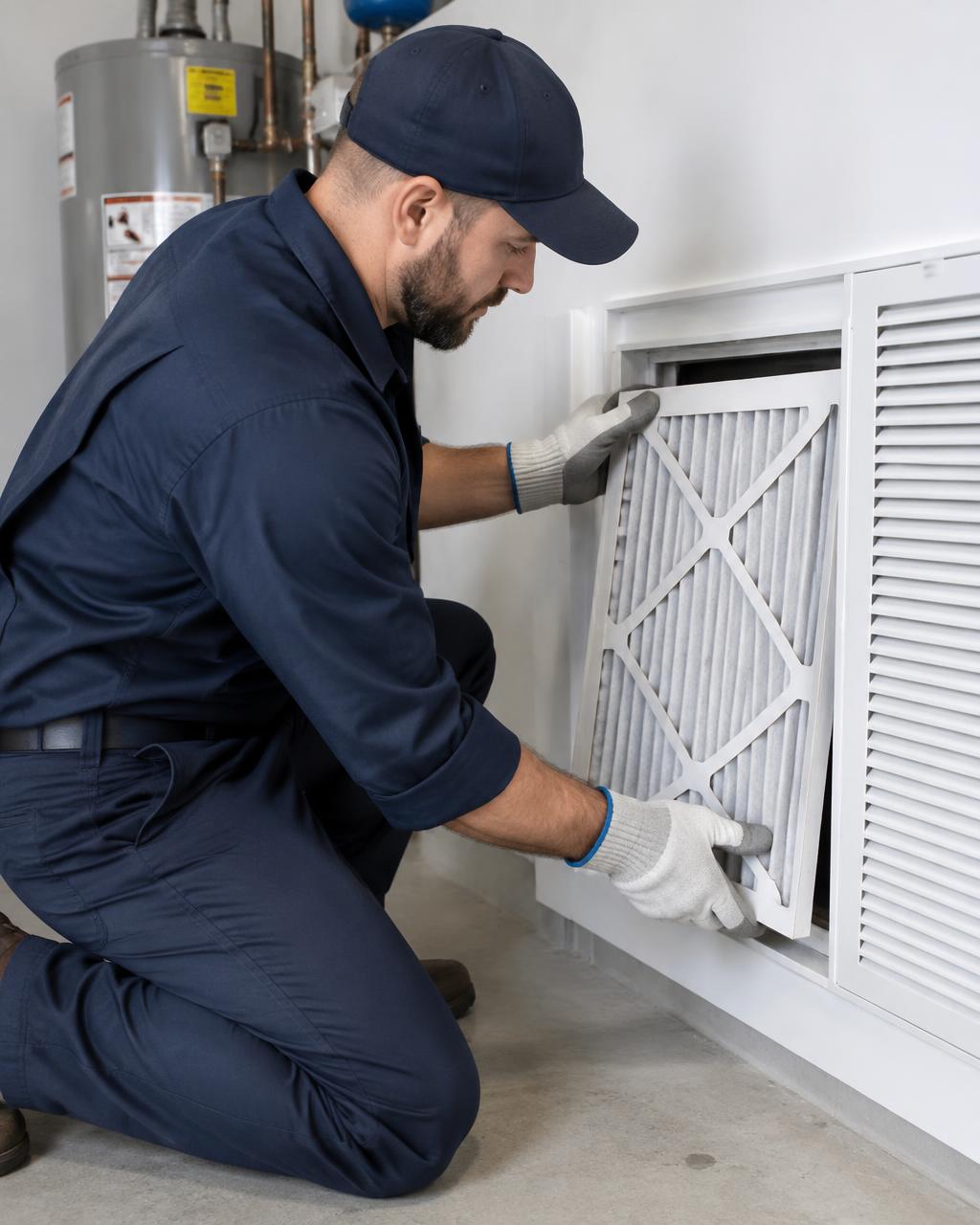 Technician sliding a clean pleated air filter into a home HVAC return vent